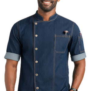 Blue denim chef coat with side button design by SP Uniform