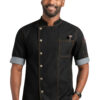 Black denim chef coat with side button design by SP Uniform