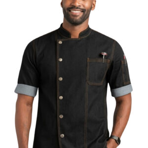 Black denim chef coat with side button design by SP Uniform
