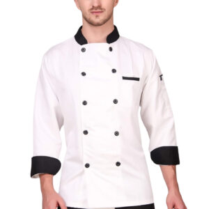 White chef coat with black collar and cuffs by SP Uniform