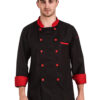 Black chef coat with red collar and cuffs by SP Uniform