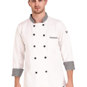 White chef coat with black and white check collar and cuffs by SP Uniform