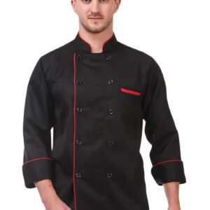 Black chef coat with red piping full sleeves Kaj Button