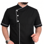 Black chef coat with white piping and 3 Tich button design