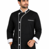 Black Chef Coat with White Piping & Cuff – a modern professional chef uniform with distinctive white contrast detailing.