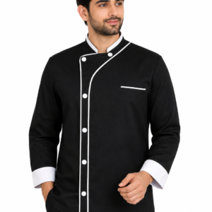 Black Chef Coat with White Piping & Cuff – a modern professional chef uniform with distinctive white contrast detailing.