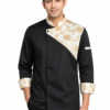 Black Chef Coat by SP Uniform – elegant golden floral detailing on the shoulder and cuffs for a distinctive designer chef uniform look.