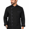 Black Chef Coat by SP Uniform – modern side button design with subtle grey piping for a sharp and professional chef uniform look.