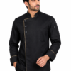 Black Chef Coat by SP Uniform – modern front 3 button design with subtle piping for a clean and professional kitchen uniform look.