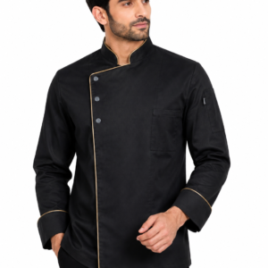 Black Chef Coat by SP Uniform – modern front 3 button design with subtle piping for a clean and professional kitchen uniform look.
