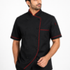 Black Chef Coat by SP Uniform – modern 2 Side Button design with red piping for a distinctive and professional chef uniform look.