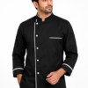 Black Chef Coat by SP Uniform – a modern crossover design with white contrast piping for a clean and professional chef uniform look.