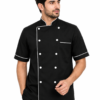 Black Chef Coat with White Piping by SP Uniform – a stylish double-breasted chef uniform designed for professional hotels, restaurants, cafés, catering teams and cloud kitchens.