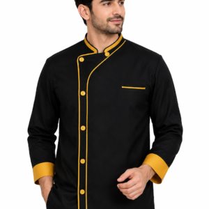 Black Chef Coat with Yellow Piping & Cuff by SP Uniform – a distinctive modern chef uniform with bold yellow contrast detailing.