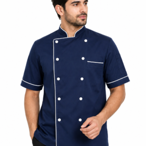 Blue Chef Coat with White Piping by SP Uniform – a modern 2 Side Button chef uniform with clean white contrast detailing.