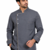 Grey Chef Coat by SP Uniform – modern front 3 button design with subtle piping for a professional kitchen and hospitality look.