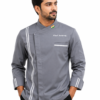 Grey Chef Coat with White Piping by SP Uniform – a modern side button chef uniform designed for professional hotel, restaurant, café, catering and cloud kitchen teams.
