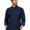 Navy Blue Chef Coat with Blue Cuff & Shoulder by SP Uniform – a modern professional chef uniform with bold blue contrast detailing for hotels, restaurants, cafés, cloud kitchens and catering teams.