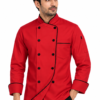 Red Chef Coat by SP Uniform – bold red design with black piping and a modern 2 Side Button style for a distinctive professional chef uniform look.