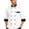 White Chef Coat with Black Collar & Cuff by SP Uniform – a distinctive professional chef uniform with bold black contrast detailing for hotels, restaurants, cafés, cloud kitchens and catering teams.