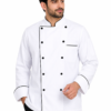 White Chef Coat with Black Piping by SP Uniform – a clean and professional 2 Side Button chef uniform with elegant black contrast detailing.