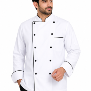 White Chef Coat with Black Piping by SP Uniform – a clean and professional 2 Side Button chef uniform with elegant black contrast detailing.