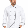 White Chef Coat by SP Uniform – elegant black piping with a modern 2 Side Button design for a refined and professional chef uniform look.