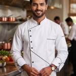 White Chef Coat with Black Piping by SP Uniform – a modern professional chef uniform with black contrast piping on the collar, cuffs and front for hotels, restaurants, cafés, cloud kitchens and catering teams.