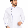 White Chef Coat by SP Uniform – elegant mushroom button design with blue piping for a clean and professional chef uniform look.
