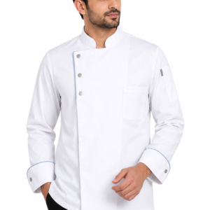 White Chef Coat by SP Uniform – a clean Front 3 Button chef uniform with subtle contrast detailing for professional kitchen teams.