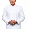 White Chef Coat by SP Uniform – classic double-breasted design with mushroom buttons for a clean and professional chef uniform look.