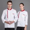White Chef Coat with Red Piping & Collar by SP Uniform – a stylish professional chef uniform with distinctive red contrast detailing for hotels, restaurants, cafés, cloud kitchens and catering teams.