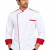 White Chef Coat with Red Piping, Cuff & Strip by SP Uniform – a distinctive professional chef uniform for hotels, restaurants, cafés, cloud kitchens and catering teams.