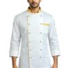 White Chef Coat with Yellow Piping & Collar by SP Uniform – a distinctive professional chef uniform for hotels, restaurants, cafés, cloud kitchens and catering teams.