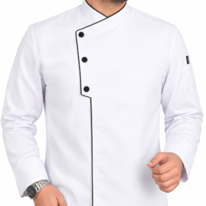 White Chef Coat with Black Piping – New 3 Tich Button design for a clean, modern and professional chef uniform.