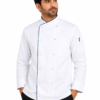 White chef coat with blue piping and Kaj button design by SP Uniform
