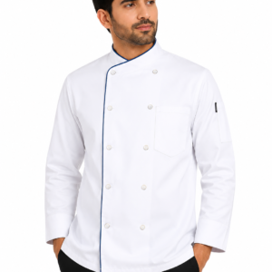 White chef coat with blue piping and Kaj button design by SP Uniform