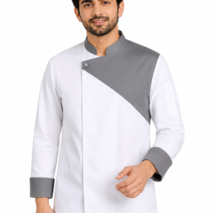 White chef coat with grey contrast panel and cuffs
