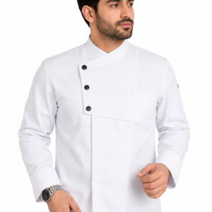 White chef coat with new 3 Tich button design by SP Uniform
