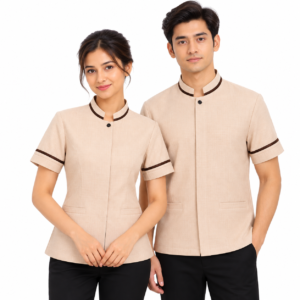 Beige Housekeeping Uniform with Brown Piping & Pant by SP Uniform – a smart and coordinated uniform set for hotel housekeeping, hospitality, hospital and facility management teams.