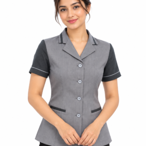 Grey Housekeeping Uniform with Black Contrast & Pant by SP Uniform – a smart and professional two-tone uniform set for hotels, resorts, hospitals and hospitality teams.