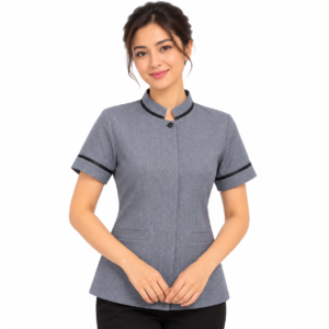 Grey Housekeeping Uniform with Black Piping & Pant by SP Uniform – a smart and professional uniform set for hotel housekeeping, hospitality, hospital and facility management teams.