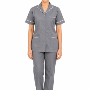 Grey Housekeeping Uniform with White Piping & Pant by SP Uniform – a clean and professional uniform set for hotel housekeeping, hospitality, hospital and facility management teams.