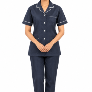 Navy Blue Housekeeping Uniform with White Piping & Trouser by SP Uniform – a smart and professional uniform set for hotel housekeeping, hospitality, hospital and facility management teams.