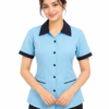 Sky Blue Housekeeping Uniform with Black Collar & Piping by SP Uniform – a smart and professional uniform set designed for hotel housekeeping, hospitality, hospital and facility management teams.